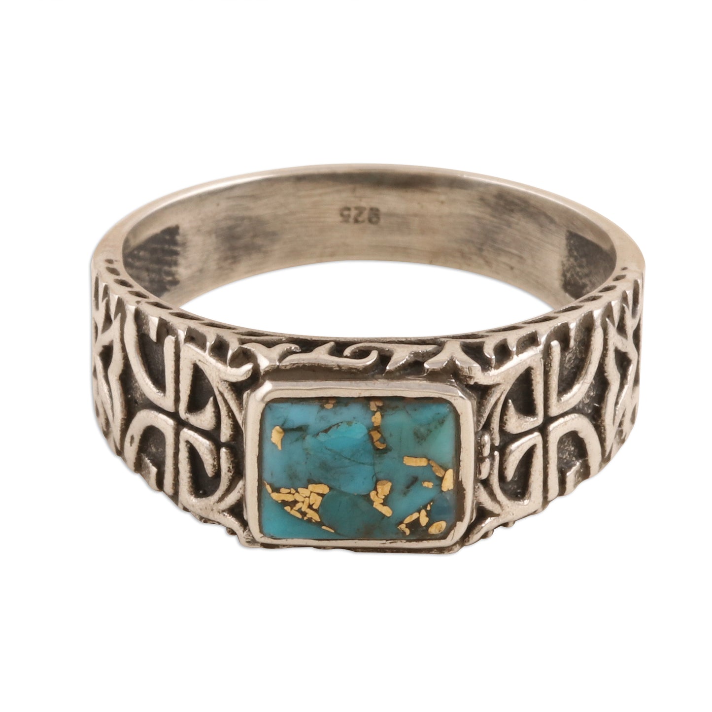 Mysterious Glyph Sterling Silver Men's Ring with Composite Turquoise