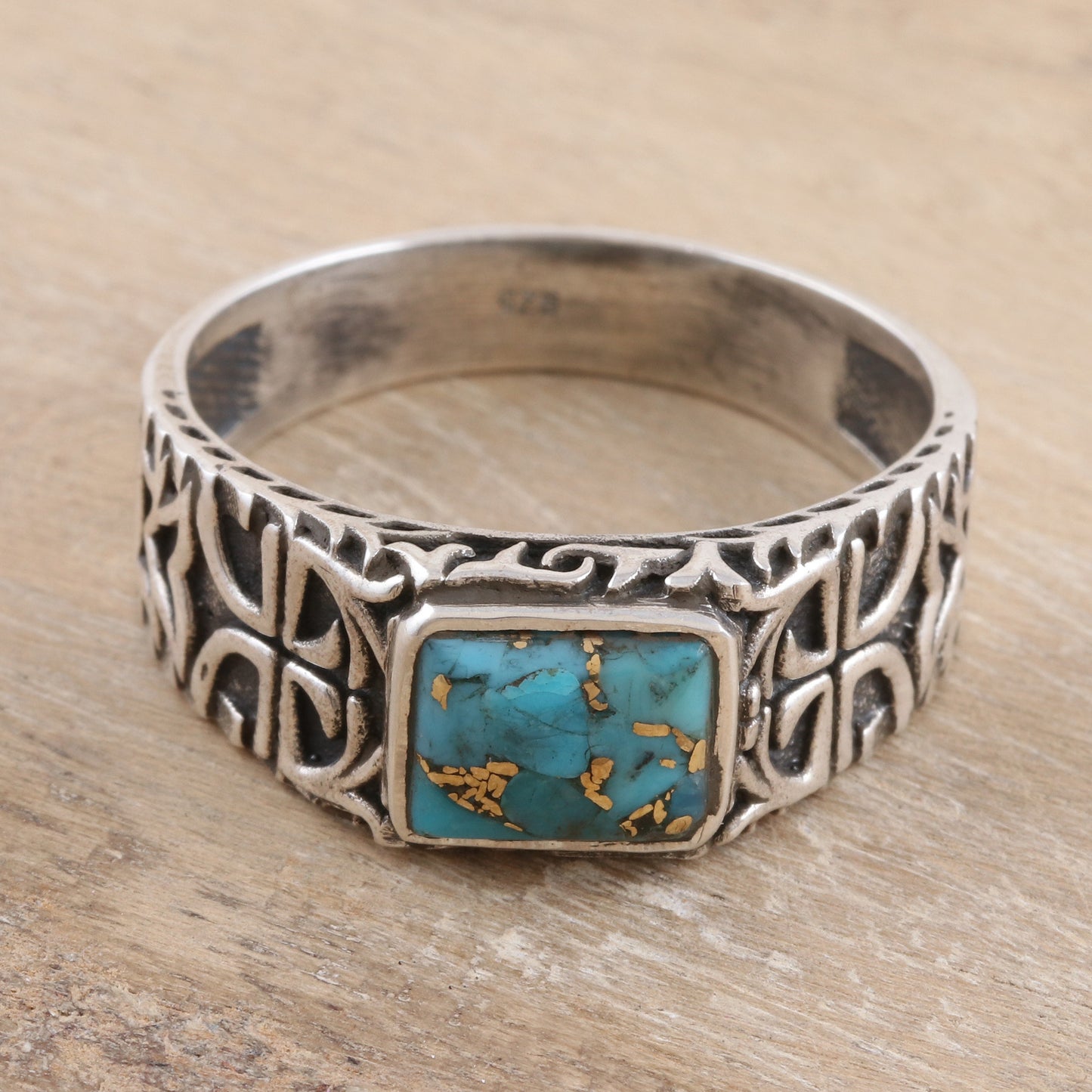 Mysterious Glyph Sterling Silver Men's Ring with Composite Turquoise