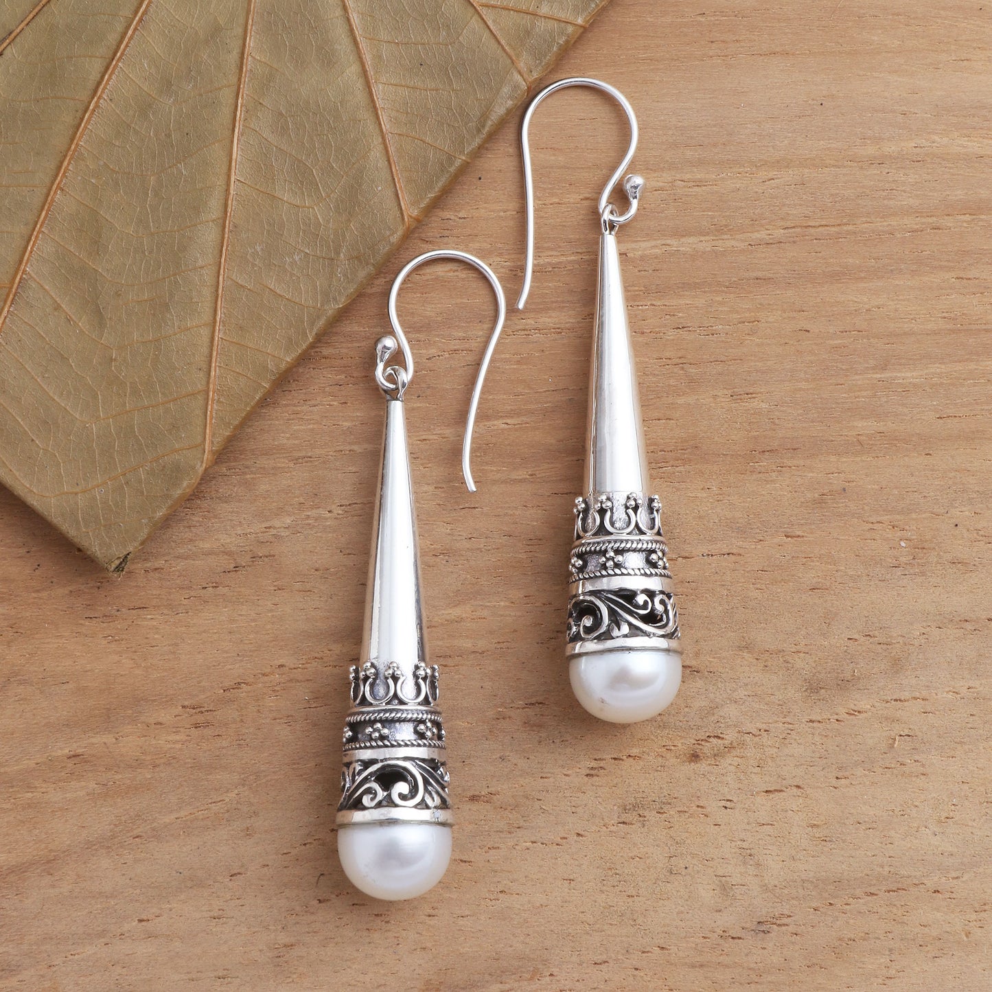 Bali Cornet Sterling Silver Cone Dangle Earrings with Cultured Pearl