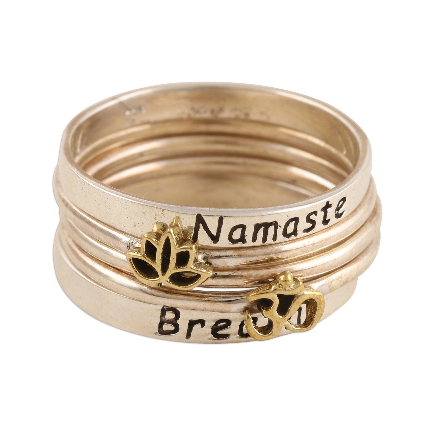 Peaceful Greetings 5 Stackable Sterling Silver Rings Namaste and Breathe