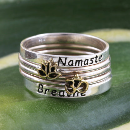 Peaceful Greetings 5 Stackable Sterling Silver Rings Namaste and Breathe