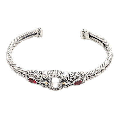 Hidden Gate in Red Sterling Silver and Garnet Cuff Bracelet from Bali