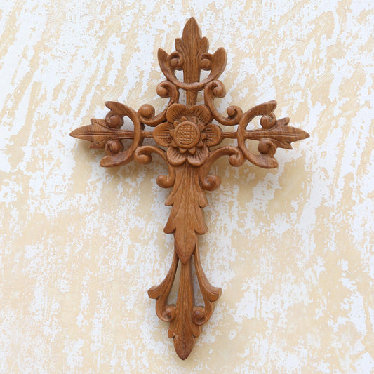 Natural Cross Flower Accent Wood Wall Cross