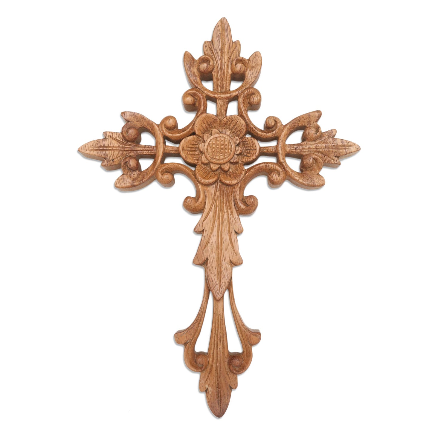 Natural Cross Flower Accent Wood Wall Cross