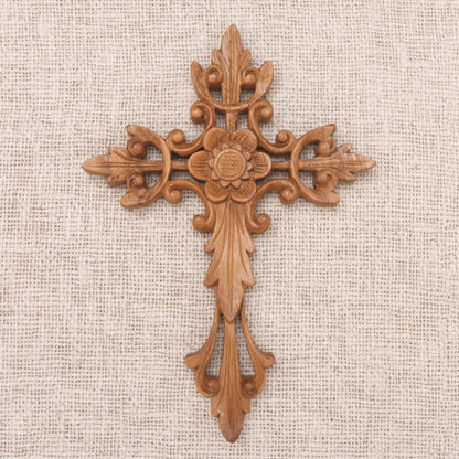 Natural Cross Flower Accent Wood Wall Cross