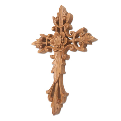 Natural Cross Flower Accent Wood Wall Cross