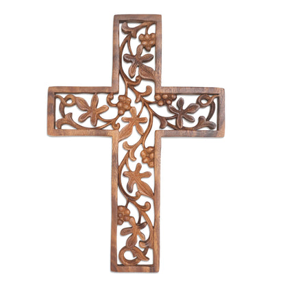 Natural Inspiration Hand Carved Wood Cross with Leaf and Vine Motif