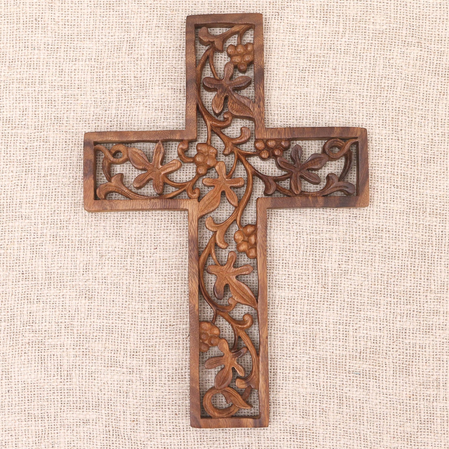 Natural Inspiration Hand Carved Wood Cross with Leaf and Vine Motif