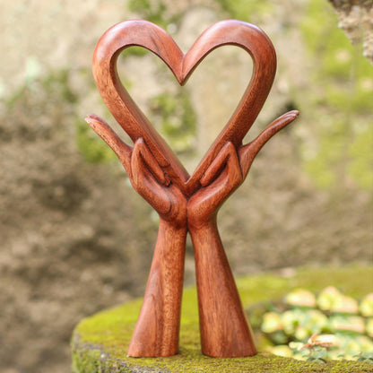 Giving Love Signed Wood Sculpture of Heart in Hands