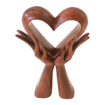 Giving Love Signed Wood Sculpture of Heart in Hands