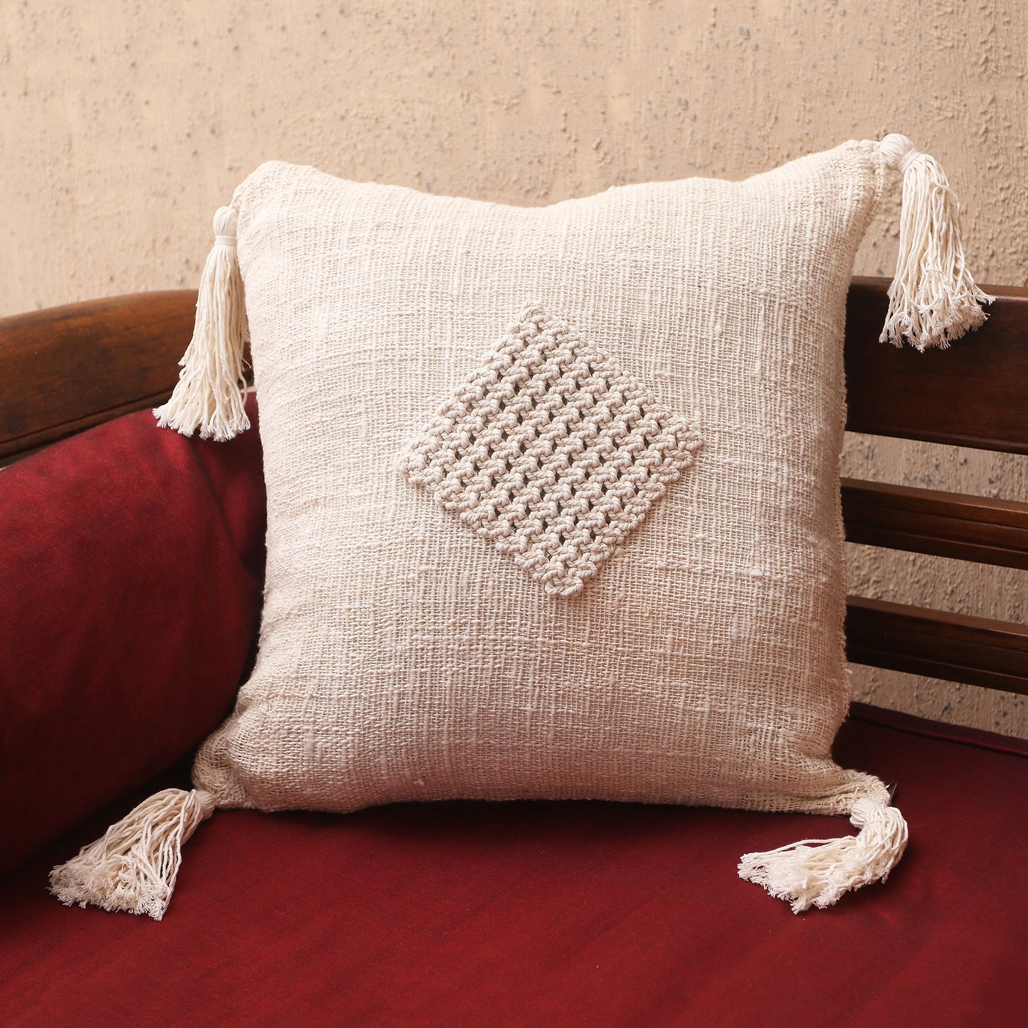 Gathered Attention Cotton Macrame Zippered Cushion Cover