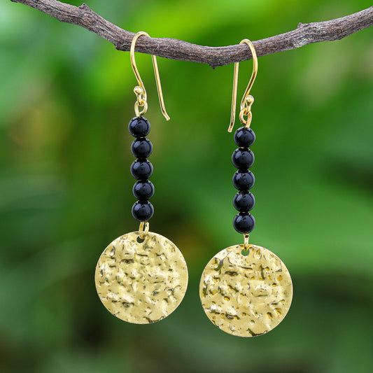 Golden Coin in Midnight Black Onyx Bead and Brass Coin Dangle Earrings