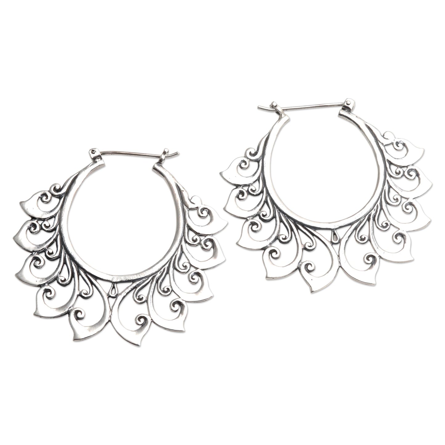 Polished Flower Hand Made Sterling Silver Hoop Earrings