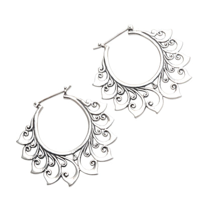 Polished Flower Hand Made Sterling Silver Hoop Earrings