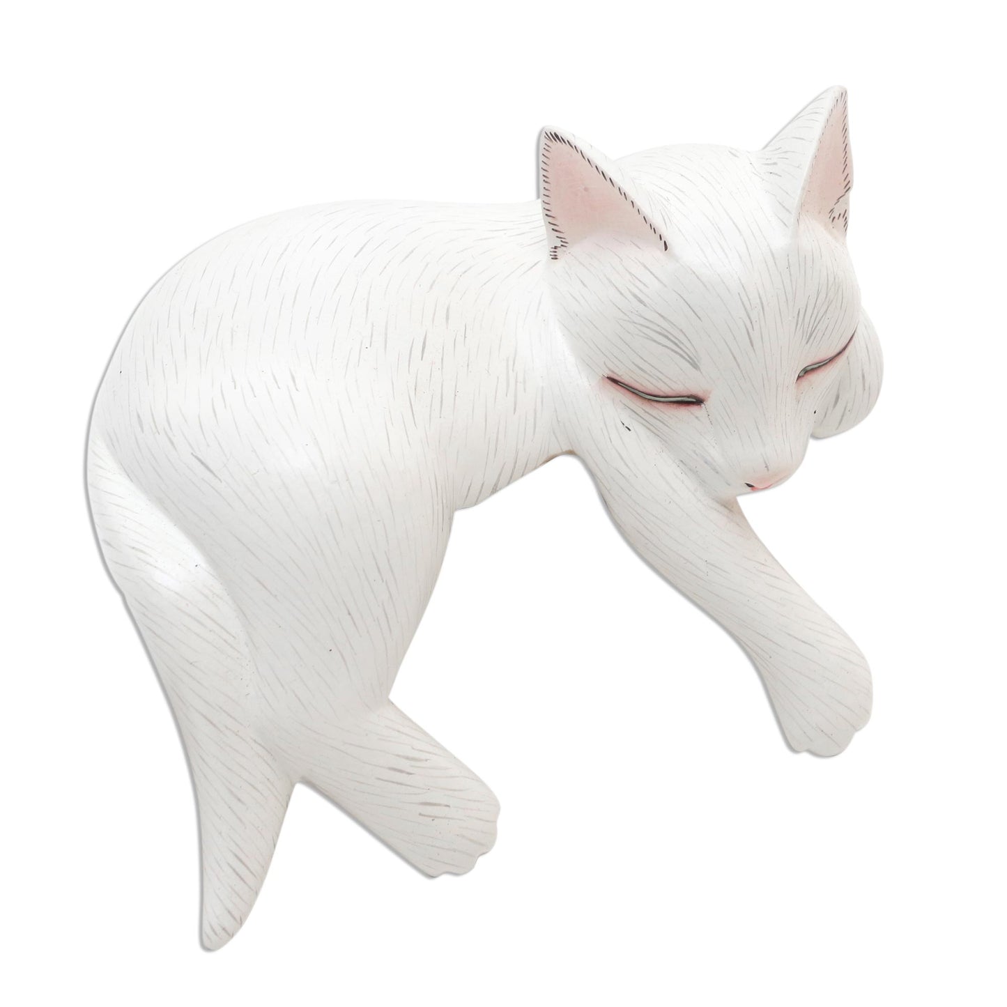 Lounging Cat in White Hand Carved Suar Wood Cat Statuette