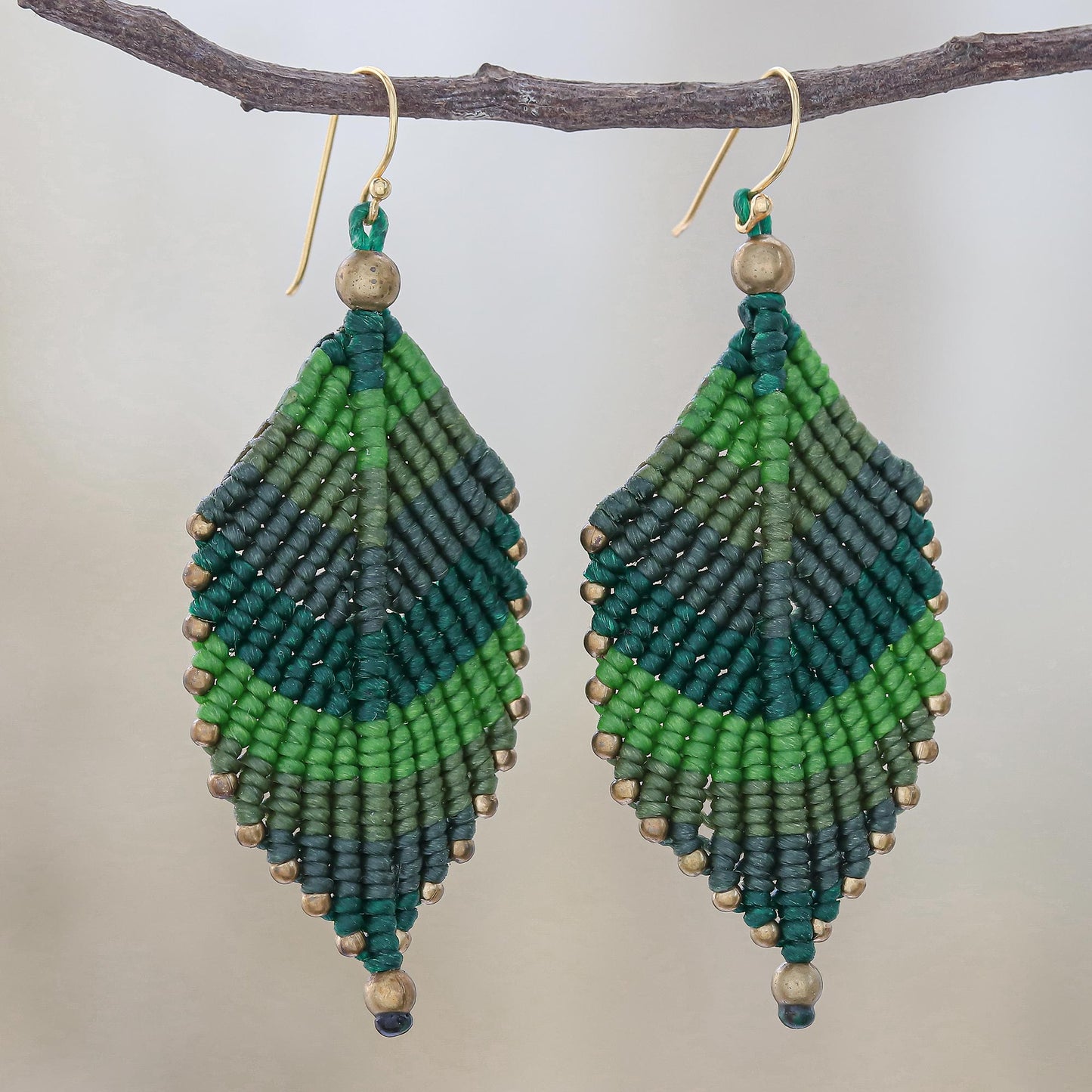 Boho Leaves in Green Green Leaf Waxed Cord Macrame Dangle Earrings