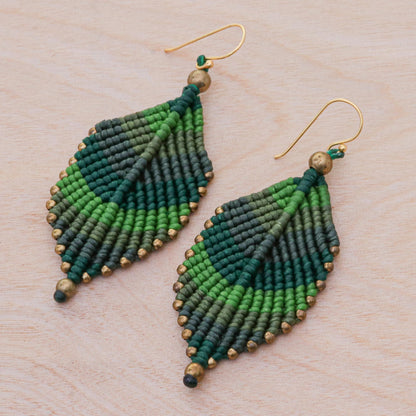 Boho Leaves in Green Green Leaf Waxed Cord Macrame Dangle Earrings