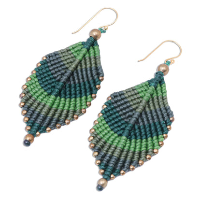 Boho Leaves in Green Green Leaf Waxed Cord Macrame Dangle Earrings