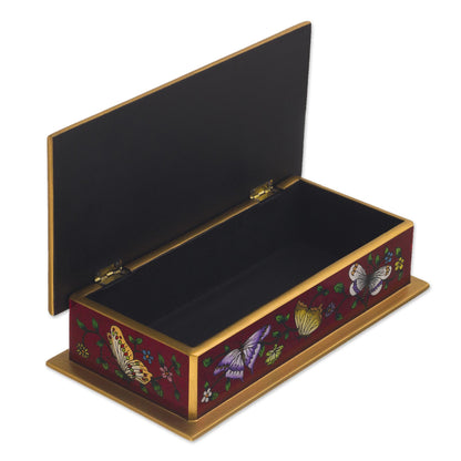 Butterflies on Burgundy Burgundy Reverse-Painted Glass Decorative Box