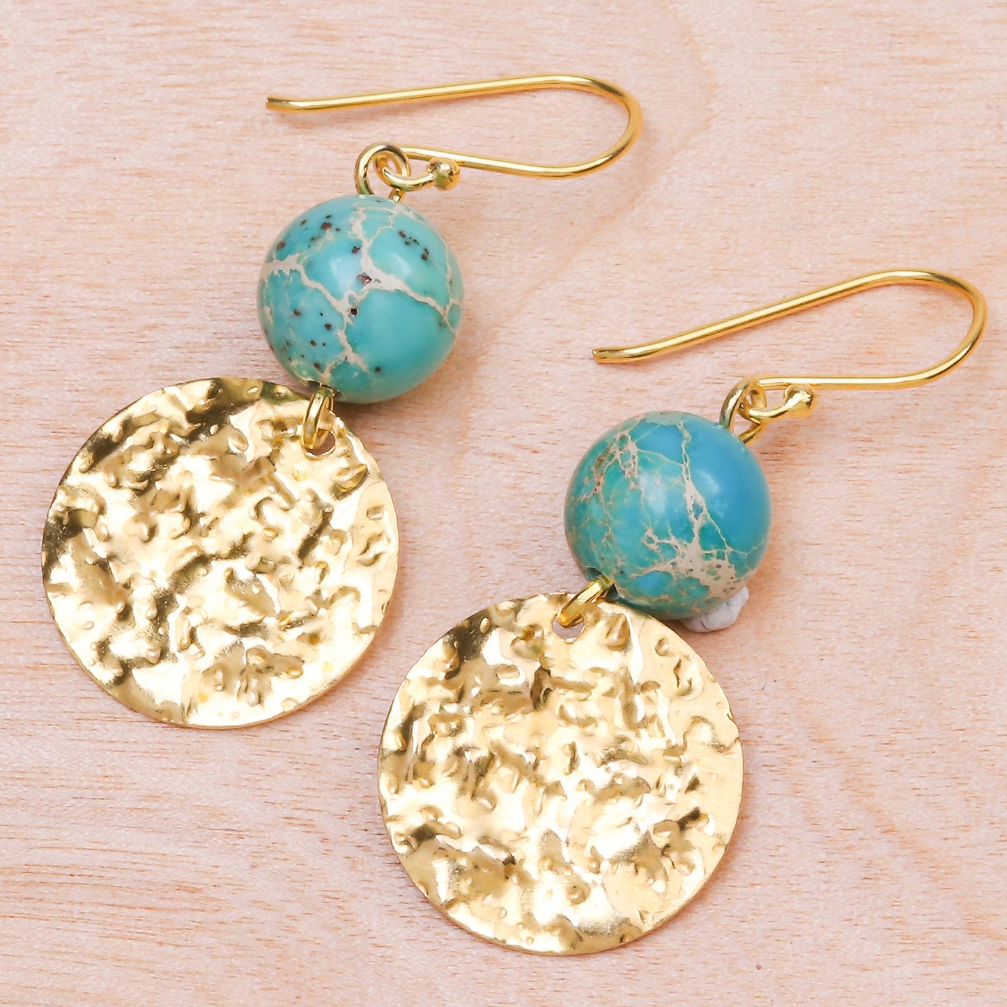 Golden Coin in Turquoise Reconstituted Turquoise Bead and Brass Coin Dangle Earrings