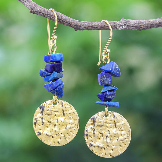 Golden Coin in Blue Handmade Lapis Lazuli Chip and Brass Coin Dangle Earrings