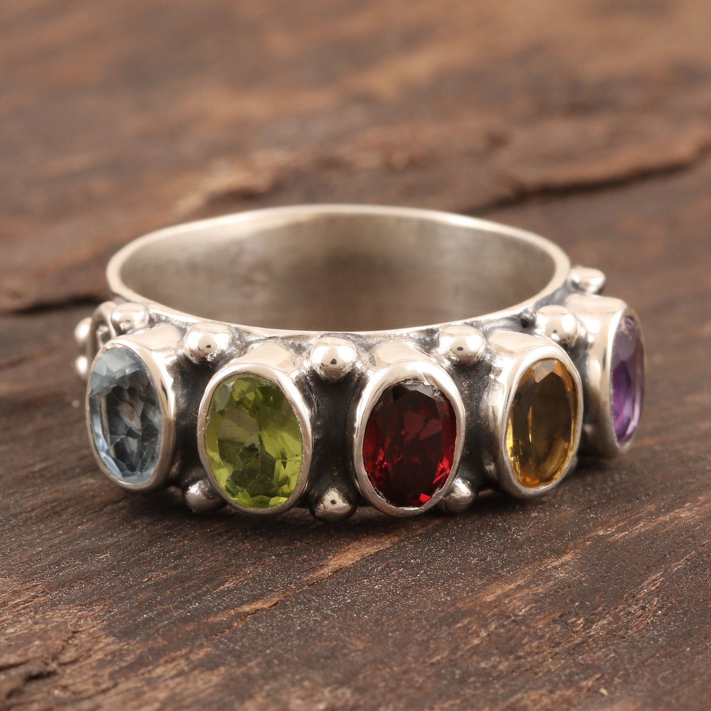 Rainbow Beauty Faceted Multi Gemstone Sterling Silver Cocktail Ring