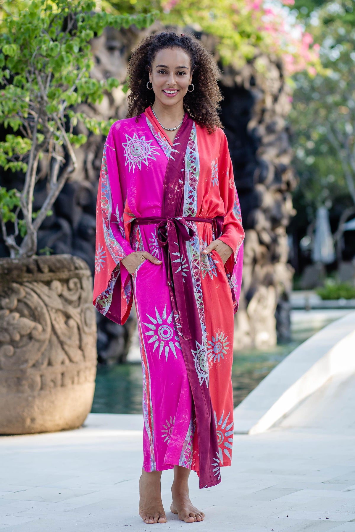 Pink Batik Robe NOVICA Bright Firework Hot Pink Batik Rayon Robe from Bali | The Animal ...