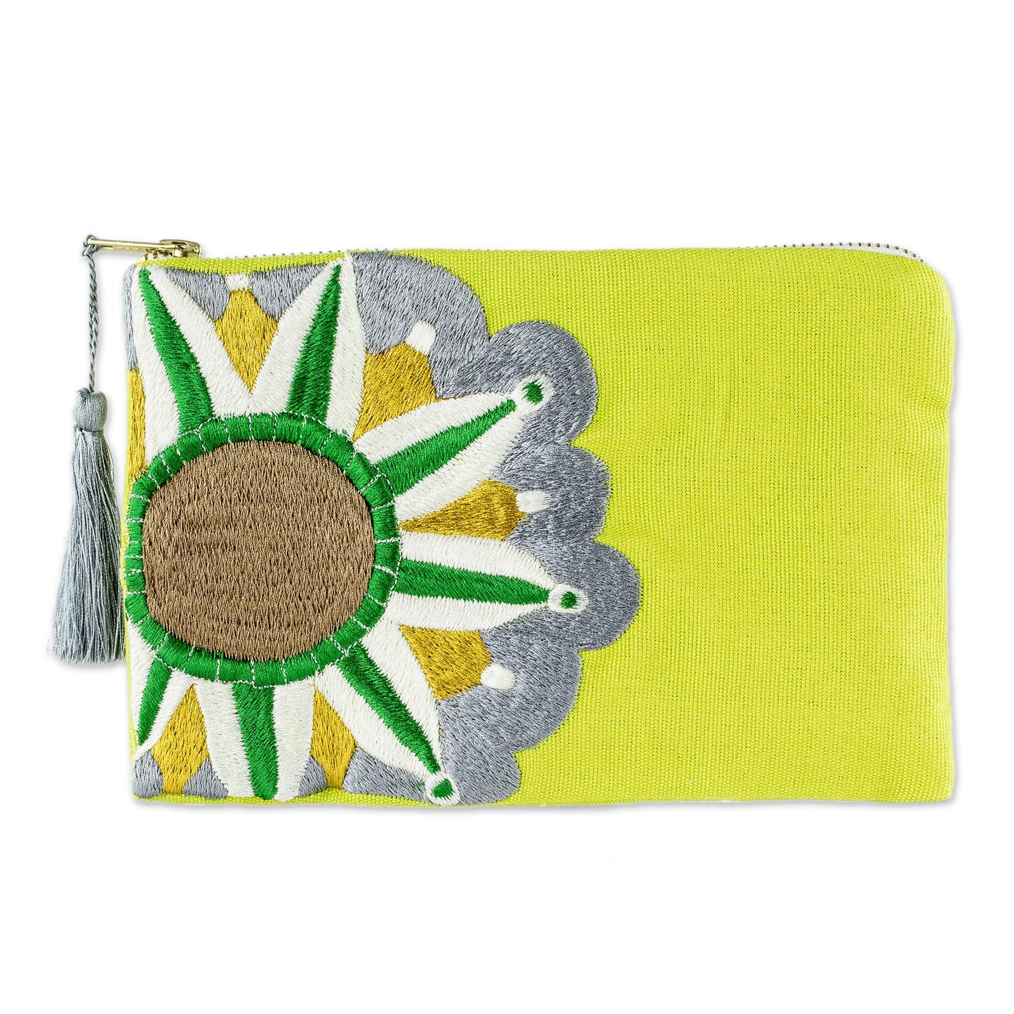 Golden Lime Sunshine Sun Motif Embroidered Chartreuse Cotton Cosmetic Bag