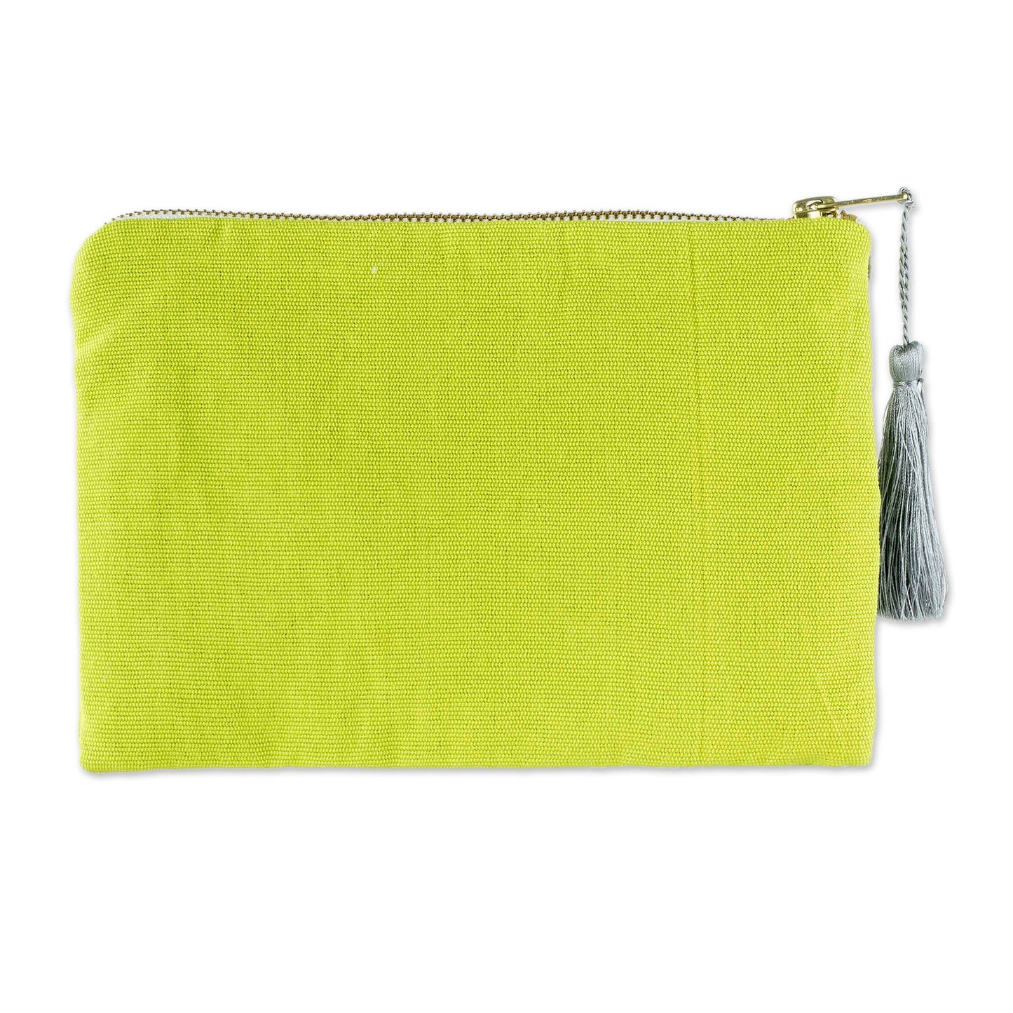 Golden Lime Sunshine Sun Motif Embroidered Chartreuse Cotton Cosmetic Bag
