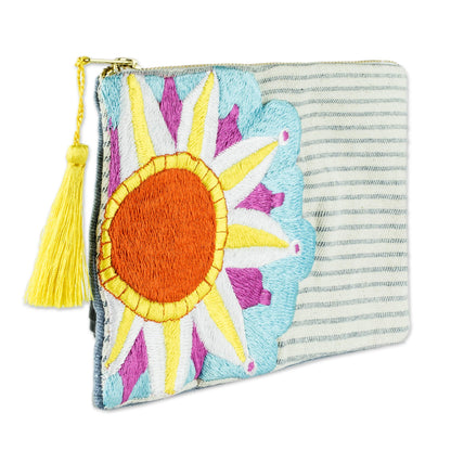 Sky Blue Sunshine Sun Motif Embroidered Cotton Denim Cosmetic Bag