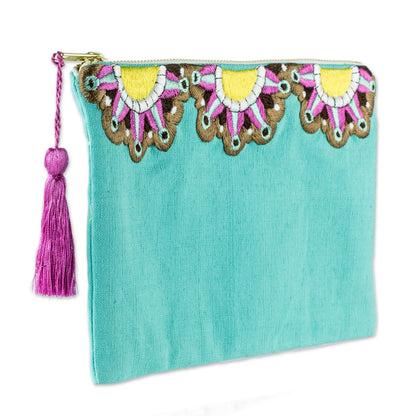 Turquoise Sunbeams Sun Motif Embroidered Turquoise Cotton Cosmetic Bag