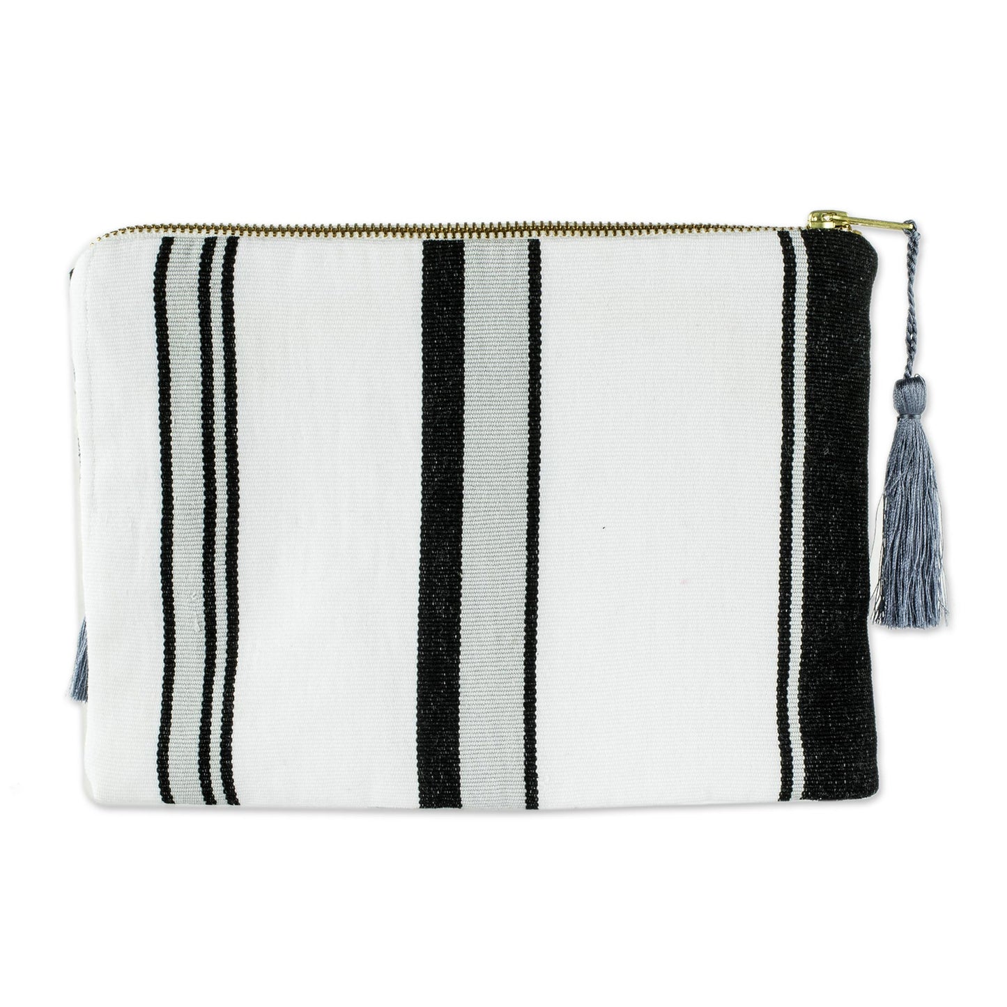 Monochrome Zigzags Black & Grey Embroidered White Cotton Cosmetic Bag