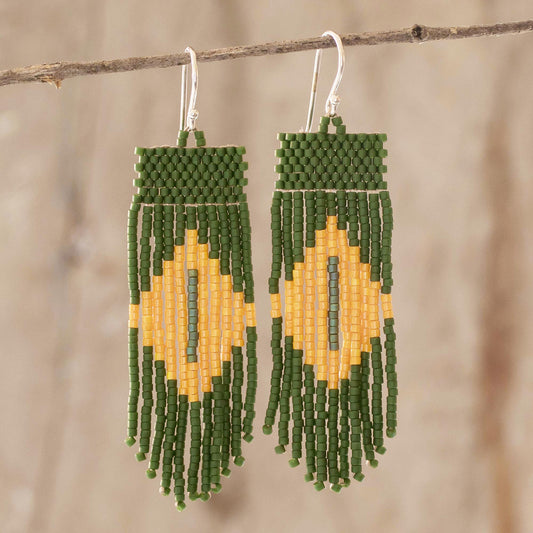 Chameleon Charm Green and Yellow Beaded Waterfall Earrings