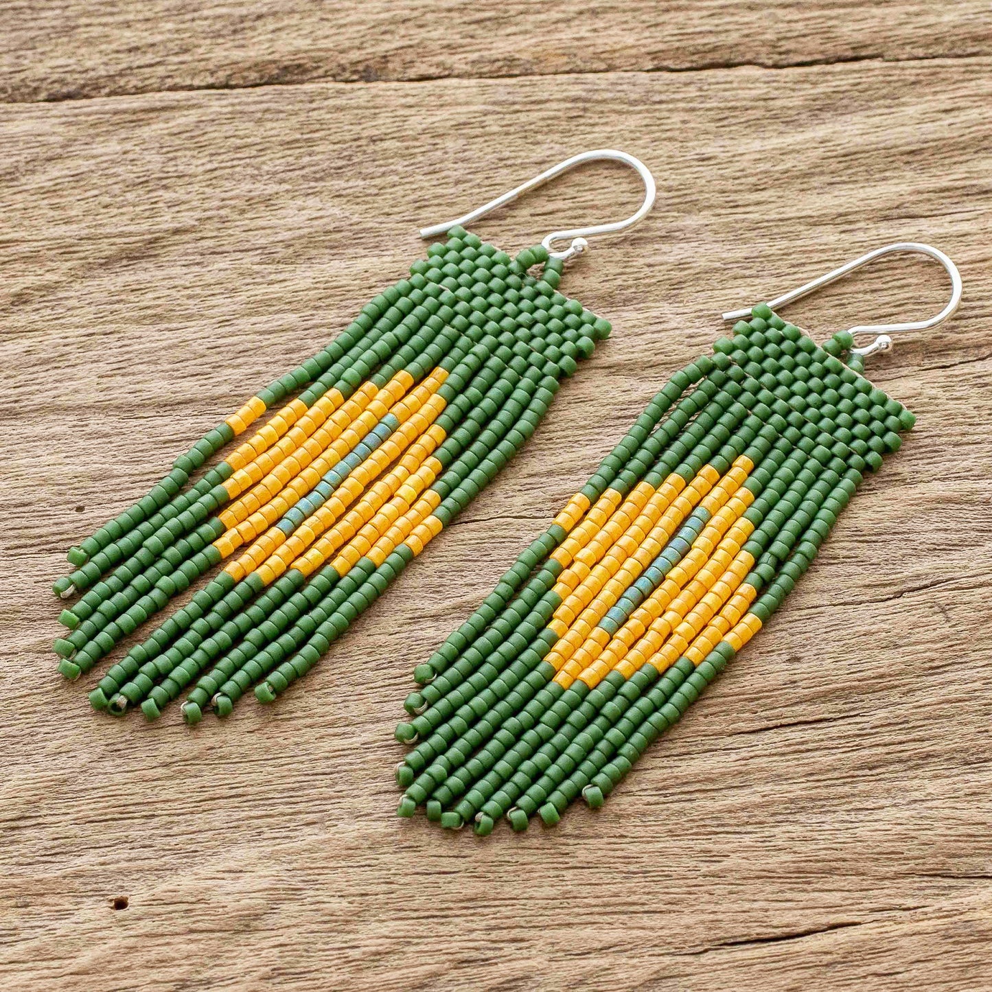 Chameleon Charm Green and Yellow Beaded Waterfall Earrings