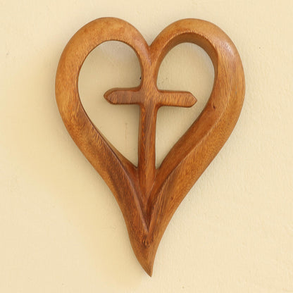 Cross My Heart Hand Carved Suar Wood Relief Panel Heart Cross