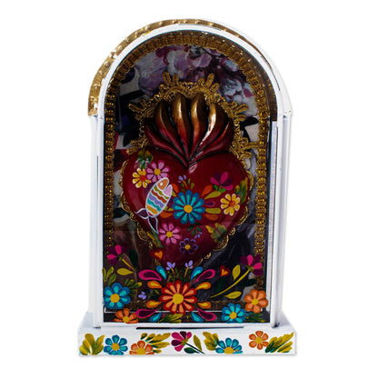 Precious Heart Hand Painted Wood and Tin Sacred Heart Niche