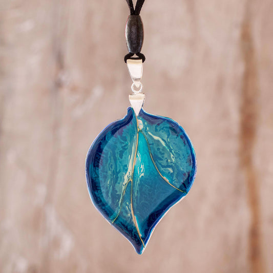 Blue Leaf Unique Fused Glass Leaf Necklace