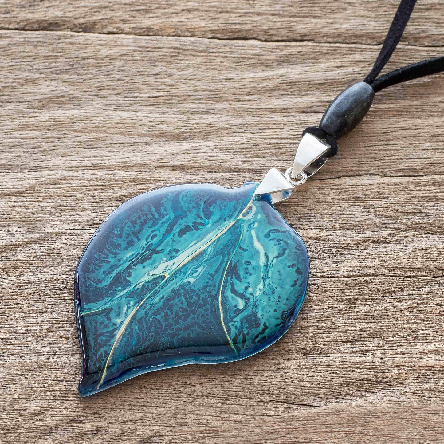 Blue Leaf Unique Fused Glass Leaf Necklace