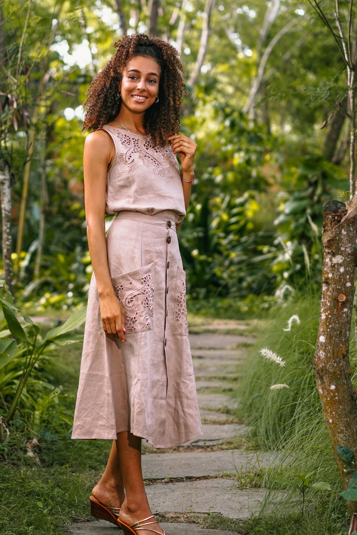 Juicy Fruit in Natural Hand Embroidered Knee-Length Skirt