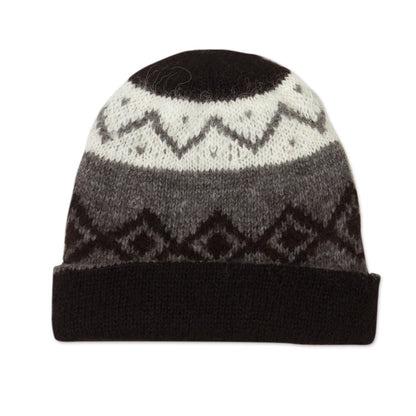 Nordic Nights Knit 100% Alpaca Hat in Black and Grey