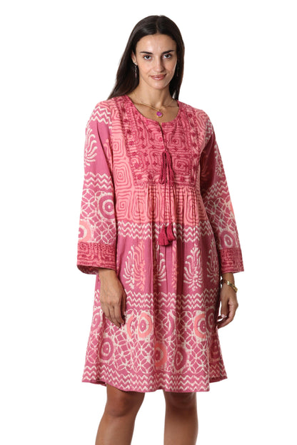 Petal Pink Embroidered Cotton A-Line Dress from India