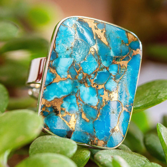 Serene Caribbean Taxco Silver Cocktail Ring with Composite Turquoise