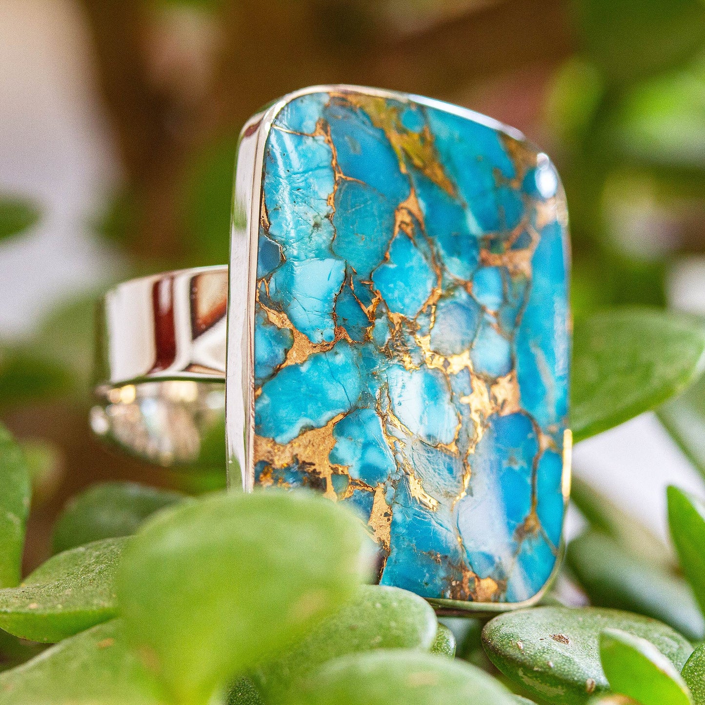 Serene Caribbean Taxco Silver Cocktail Ring with Composite Turquoise