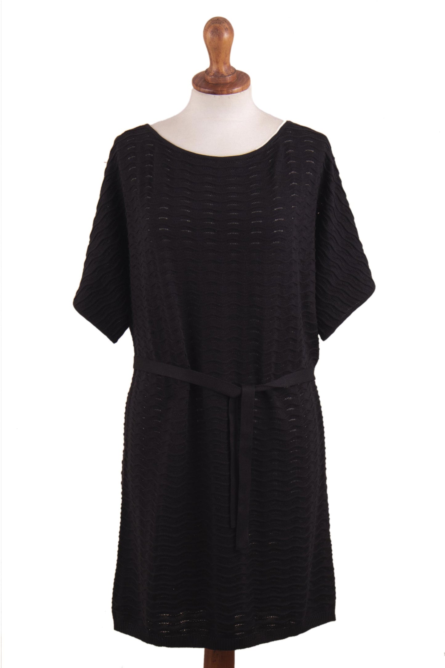 Thalu in Black Cotton Knitted Belted T-Shirt Dress in Black from Peru
