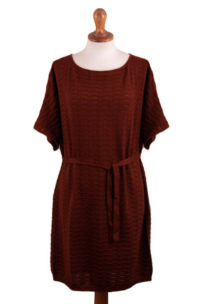 Thalu in Rust Cotton Knitted Belted T-Shirt Dress in Russet Red from Peru
