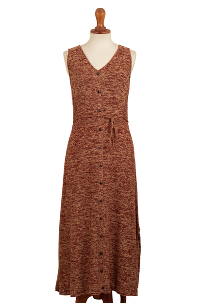 Toqo Melange Organic Cotton Buttoned Maxi Dress in Russet Red from Peru