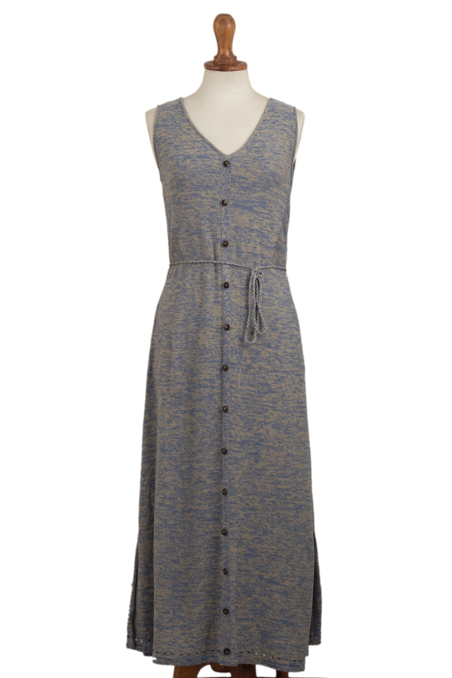 Toqo in Heathered Sky Blue Organic Cotton Buttoned Maxi Dress in Cerulean from Peru