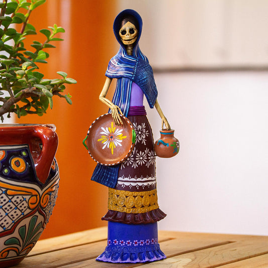 Catrina Tomasa Ceramic Catrina Sculpture with Blue Mantle from Mexico
