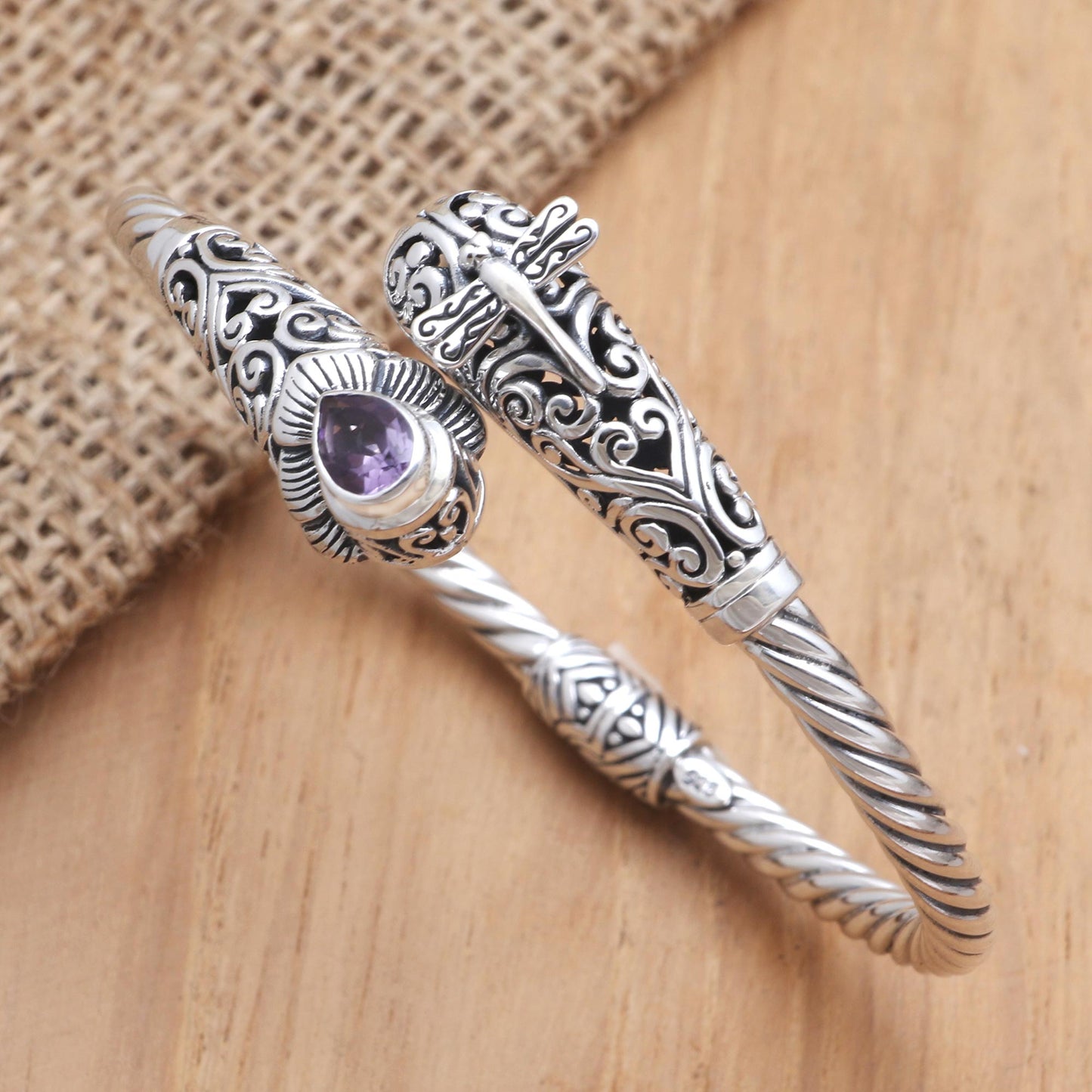 Dragonfly in the Field Amethyst and Blue Topaz Cuff Bracelet