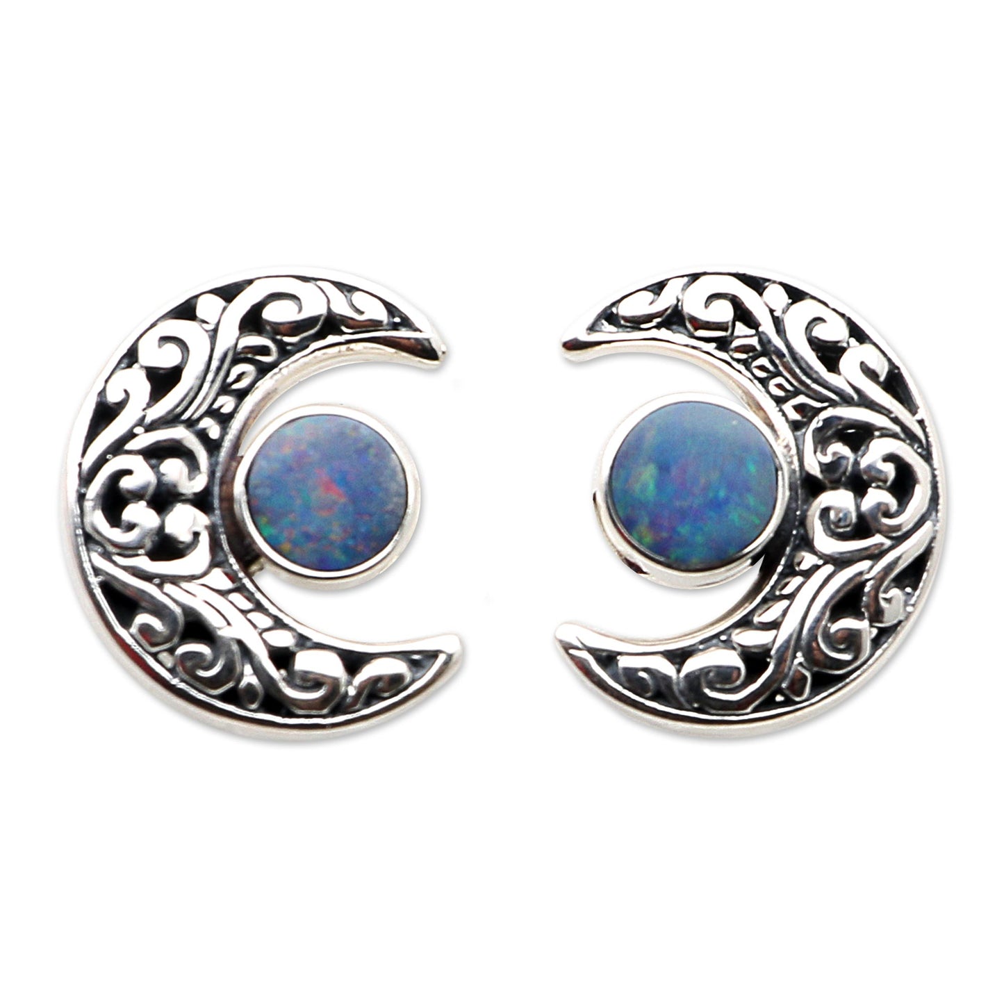 Embellished Moon Opal and Sterling Silver Crescent Moon Button Earrings